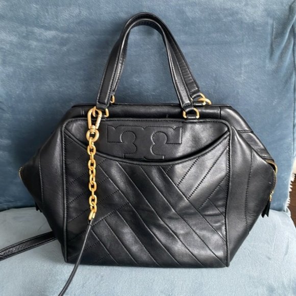 Tory Burch Alexa Satchel In Black Leather with Gold Accents - Picture 6 of 11